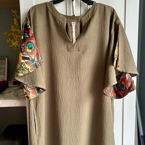 Uncle Frank Olive Green Tunic Dress | Size Large | Colorful Flutter Sleeves